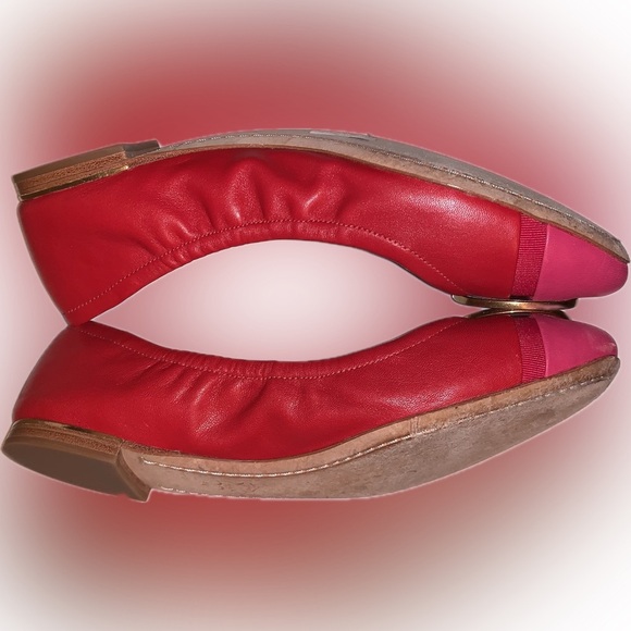 Tory Burch Minnie Toe Cap Red Azalea Pink Napa Leather Ballet Flats Gold Logo 6M - Picture 7 of 12